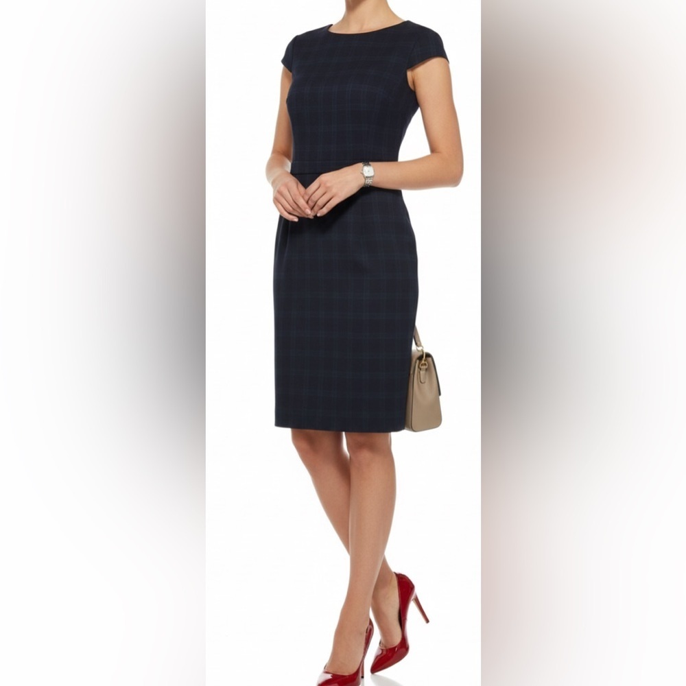 Ann Taylor Navy Plaid Cap-Sleeve Midi Sheath Dress